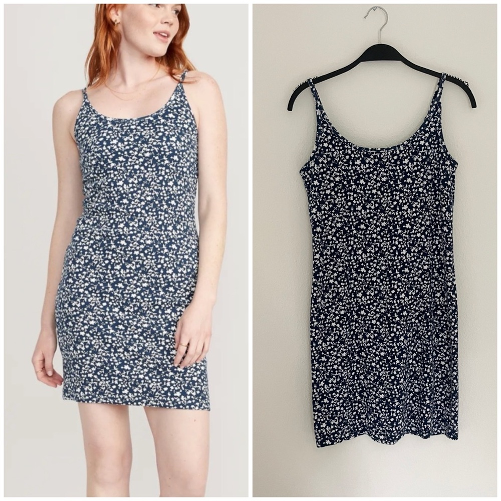 Old Navy Navy and White Ribbed Knit Cami Tank Floral Dress